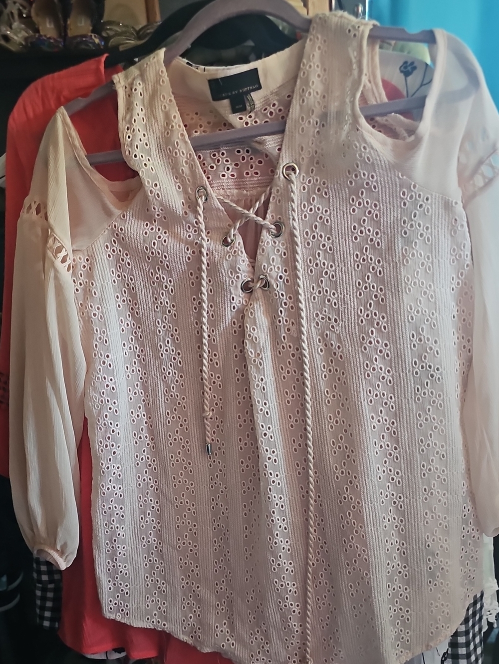 Jeans By Buffalo Cream Eyelet Cold-Shoulder Lace-Up Blouse